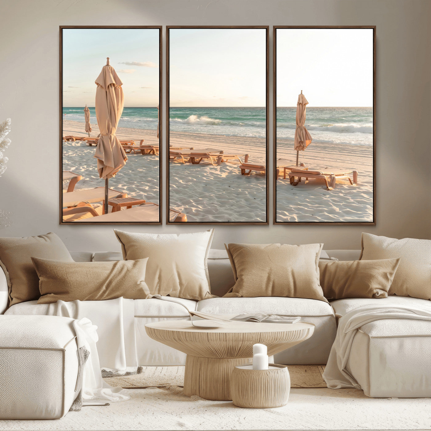 58507949-MGV-CV-36X24-Beach Umbrellas Wall Art Canvas Print, Framed Empty Loungers Art Picture Print, Soft Sand Perfect Minimalist Seaside Decor Artwork