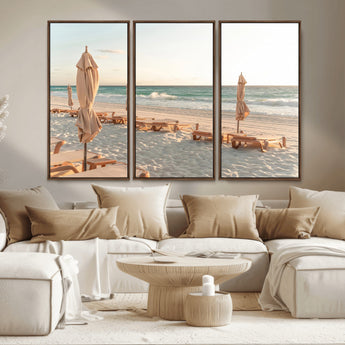 58507949-MGV-CV-36X24-Beach Umbrellas Wall Art Canvas Print, Framed Empty Loungers Art Picture Print, Soft Sand Perfect Minimalist Seaside Decor Artwork