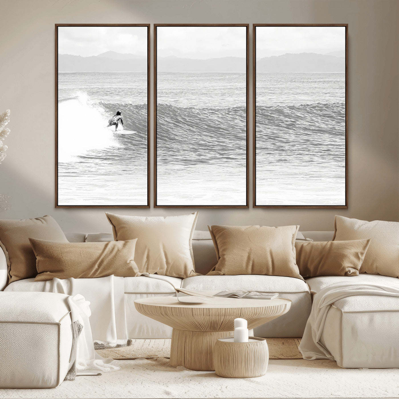 81535128-MGV-CV-36X24-Surfer Woman Wall Art Canvas Print, Framed Black Ocean Art Picture Print, Ocean Surfing Perfect Monochrome Coastal Decor Artwork