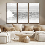 81535128-MGV-CV-36X24-Surfer Woman Wall Art Canvas Print, Framed Black Ocean Art Picture Print, Ocean Surfing Perfect Monochrome Coastal Decor Artwork