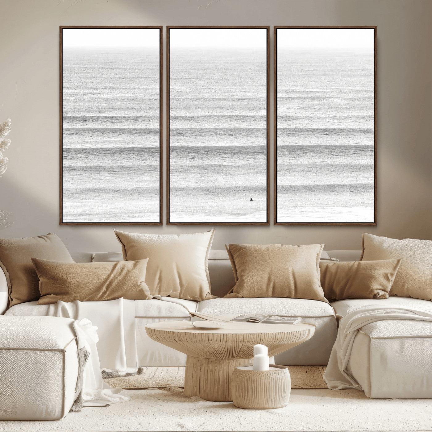 66534476-MGV-CV-36X24-Lone Surfer Wall Art Canvas Print, Framed Ocean Waves Art Picture Print, Minimal Sea Perfect Minimal Coastal Decor Artwork