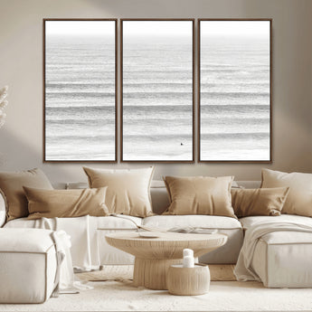 66534476-MGV-CV-36X24-Lone Surfer Wall Art Canvas Print, Framed Ocean Waves Art Picture Print, Minimal Sea Perfect Minimal Coastal Decor Artwork