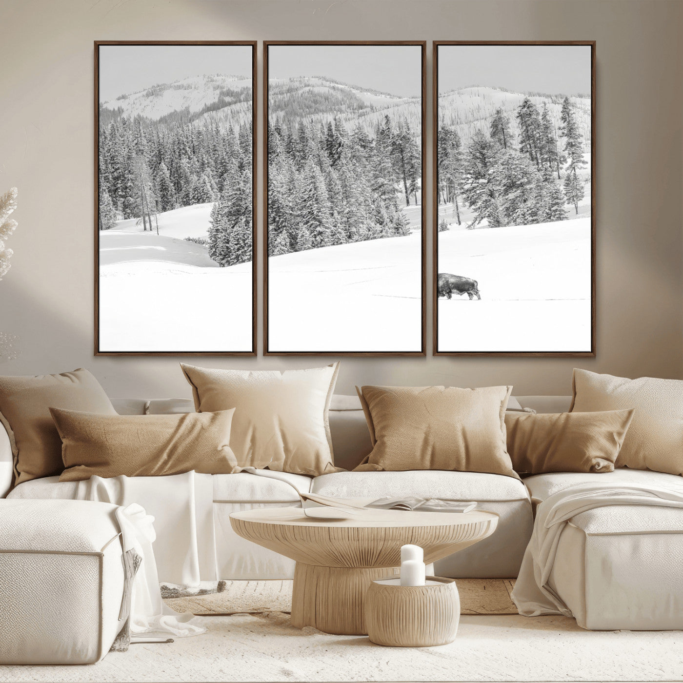 68081143-MGV-CV-36X24-Snowy Bison Wall Art Canvas Print, Framed Winter Forest Art Picture Print, Lone Bison Perfect Monochrome Winter Wild Decor Artwork