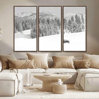 68081143-MGV-CV-36X24-Snowy Bison Wall Art Canvas Print, Framed Winter Forest Art Picture Print, Lone Bison Perfect Monochrome Winter Wild Decor Artwork