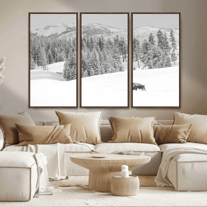 68081143-MGV-CV-36X24-Snowy Bison Wall Art Canvas Print, Framed Winter Forest Art Picture Print, Lone Bison Perfect Monochrome Winter Wild Decor Artwork