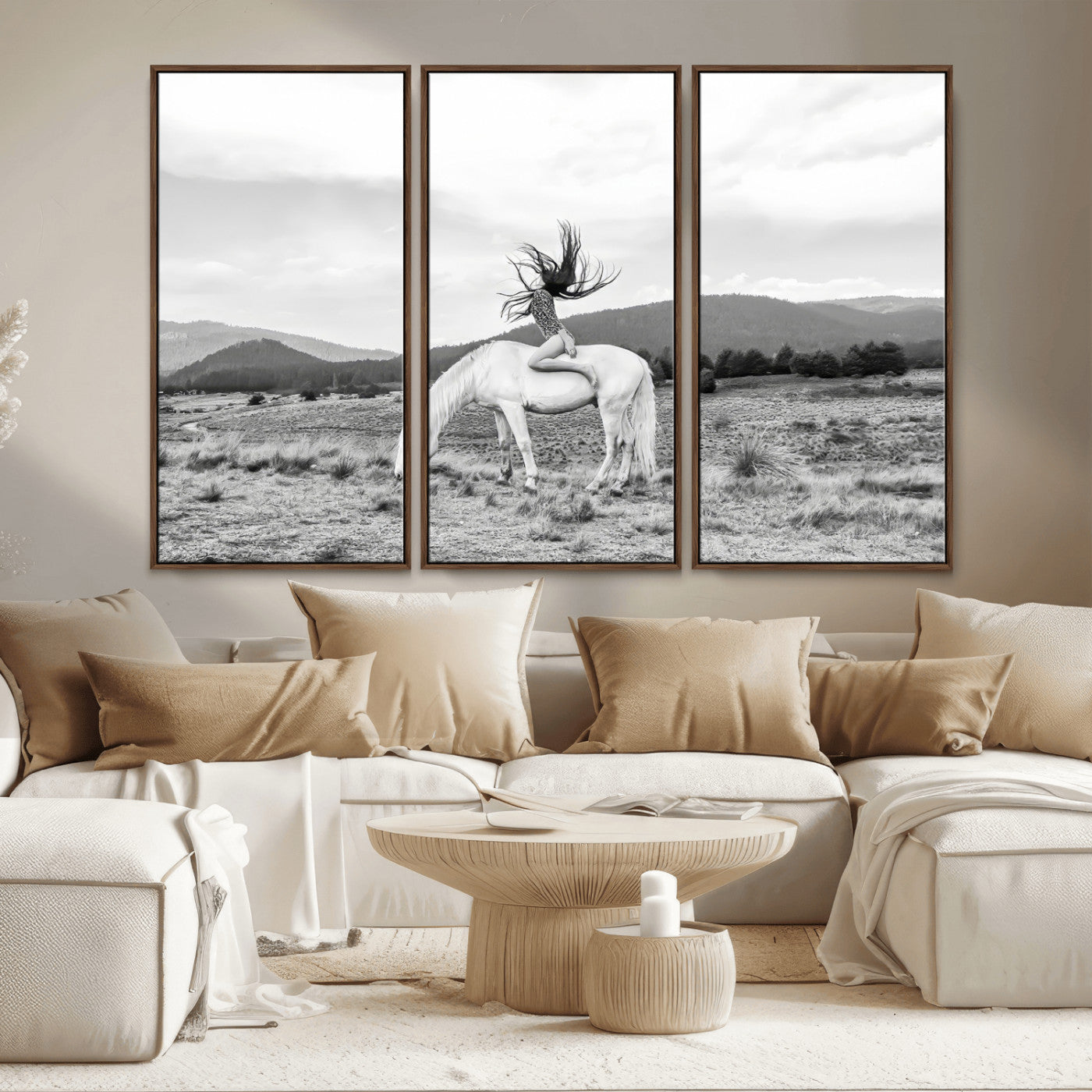 62789800-MGV-CV-36X24-White Horse Wall Art Canvas Print, Framed Woman Rider Art Picture Print, Equestrian Pose Perfect Western Boho Decor Artwork