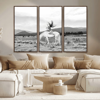 62789800-MGV-CV-36X24-White Horse Wall Art Canvas Print, Framed Woman Rider Art Picture Print, Equestrian Pose Perfect Western Boho Decor Artwork