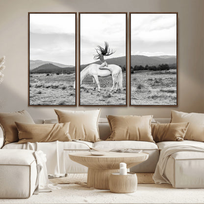 62789800-MGV-CV-36X24-White Horse Wall Art Canvas Print, Framed Woman Rider Art Picture Print, Equestrian Pose Perfect Western Boho Decor Artwork