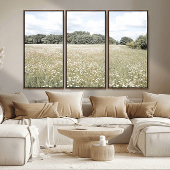 43258946-MGV-CV-36X24-Daisy Field Wall Art Canvas Print, Framed Pastel Flower Art Picture Print, Meadow Bloom Perfect Scandinavian Minimalist Decor