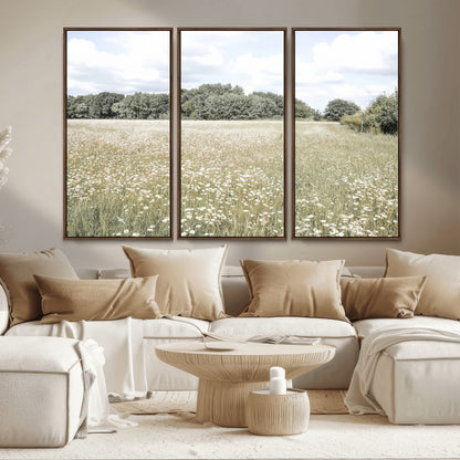 43258946-MGV-CV-36X24-Daisy Field Wall Art Canvas Print, Framed Pastel Flower Art Picture Print, Meadow Bloom Perfect Scandinavian Minimalist Decor