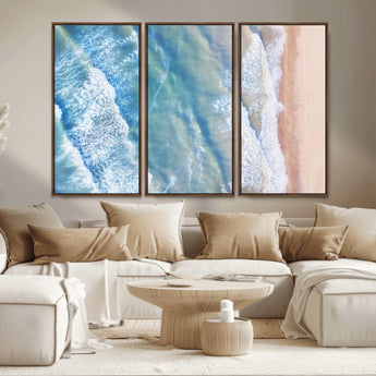 17641845-MGV-FC-48X32-3P_Walnut-Aerial Ocean Wall Art Canvas Print, Framed Blue Waves Art Picture Print, Sandy Shoreline Perfect Modern Coastal Decor Artwork