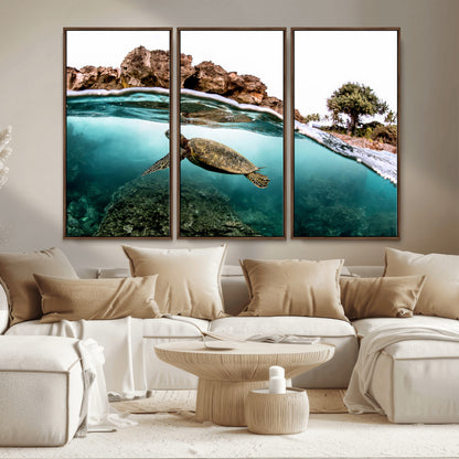 44200301-MGV-CV-36X24-Sea Turtle Swim Wall Art Canvas Print, Framed Ocean Life Art Picture Print, Tropical Shoreline Perfect Tropical Coastal Decor