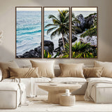 94669907-MGV-CV-36X24-Tropical Coastline Wall Art Canvas Print, Framed Palm Tree Art Picture Print, Rocky Beach Perfect Tropical Coastal Decor Artwork