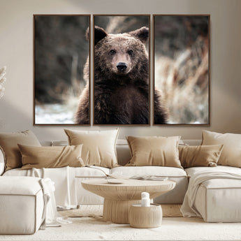 47112103-MGV-CV-36X24-Brown Bear Wall Art Canvas Print, Framed Forest Wildlife Art Picture Print, Woodland Bear Perfect Rustic Cabin Decor Artwork