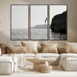 52284302-MGV-CV-36X24-Cliff Jumping Wall Art Canvas Print, Framed Ocean Adventure Art Picture Print, Black White Coast Perfect Modern Coastal Decor