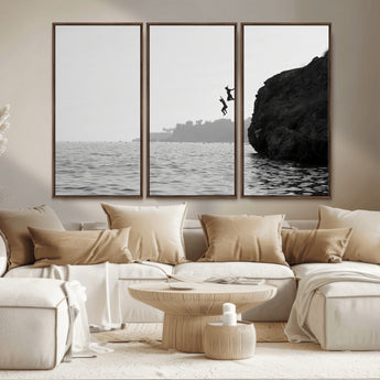 52284302-MGV-CV-36X24-Cliff Jumping Wall Art Canvas Print, Framed Ocean Adventure Art Picture Print, Black White Coast Perfect Modern Coastal Decor
