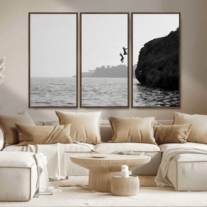 52284302-MGV-CV-36X24-Cliff Jumping Wall Art Canvas Print, Framed Ocean Adventure Art Picture Print, Black White Coast Perfect Modern Coastal Decor