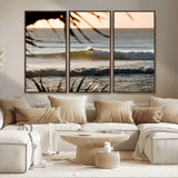24896468-MGV-FC-48X32-3P_Walnut-Sunset Surf Wall Art Canvas Print, Framed Golden Waves Art Picture Print, Tropical Ocean Perfect Tropical Boho Decor Artwork