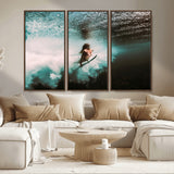 85923512-MGV-CV-36X24-Aquatic Motion Wall Art Canvas Print, Framed Underwater Swimming Art Picture Print, Female Surfer Diving Perfect Coastal Boho