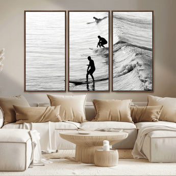 19875284-MGV-CV-36X24-Surfer Waves Wall Art Canvas Print, Framed Black White Surf Art Picture Print, Monochrome Ocean Perfect Modern Coastal Decor