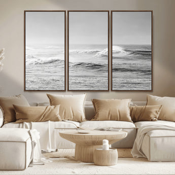 98634812-MGV-CV-36X24-Black and White Ocean Waves Wall Art – Minimalist Sea Canvas Print, Coastal Photography Decor for Living Room, Bedroom or Office