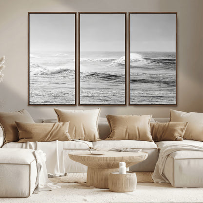 98634812-MGV-CV-36X24-Black and White Ocean Waves Wall Art – Minimalist Sea Canvas Print, Coastal Photography Decor for Living Room, Bedroom or Office