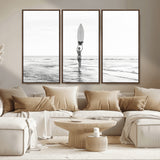 98446901-MGV-CV-36X24-Monochrome Surf Wall Art Canvas Print, Framed Minimalist Surfer Art Picture Print, Surfboard Silhouette Perfect Coastal Minimalist