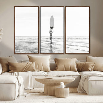 98446901-MGV-CV-36X24-Monochrome Surf Wall Art Canvas Print, Framed Minimalist Surfer Art Picture Print, Surfboard Silhouette Perfect Coastal Minimalist