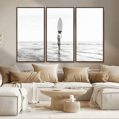 98446901-MGV-CV-36X24-Monochrome Surf Wall Art Canvas Print, Framed Minimalist Surfer Art Picture Print, Surfboard Silhouette Perfect Coastal Minimalist