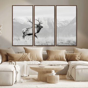 62278753-MGV-CV-36X24-Monochrome Elk Wall Art Canvas Print, Framed Mountain Wildlife Art Picture Print, Rustic Nature Perfect Rustic Minimalist Decor