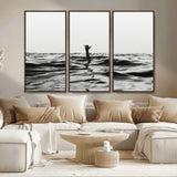 69541918-MGV-CV-36X24-Black White Ocean Wall Art Canvas Print, Framed Moody Seascape Art Picture Print, Surfer Sign Perfect Moody Minimalist Decor