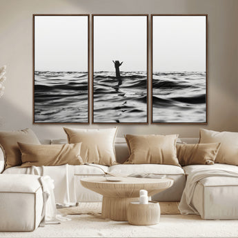 69541918-MGV-CV-36X24-Black White Ocean Wall Art Canvas Print, Framed Moody Seascape Art Picture Print, Surfer Sign Perfect Moody Minimalist Decor