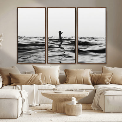 69541918-MGV-CV-36X24-Black White Ocean Wall Art Canvas Print, Framed Moody Seascape Art Picture Print, Surfer Sign Perfect Moody Minimalist Decor