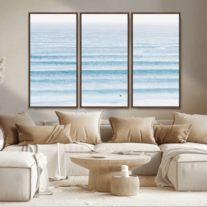 77145995-MGV-CV-36X24-Ocean Simplicity Wall Art Canvas Print, Framed Surfer on Water Art Picture Print, Light Blue Perfect Coastal Minimalist Decor