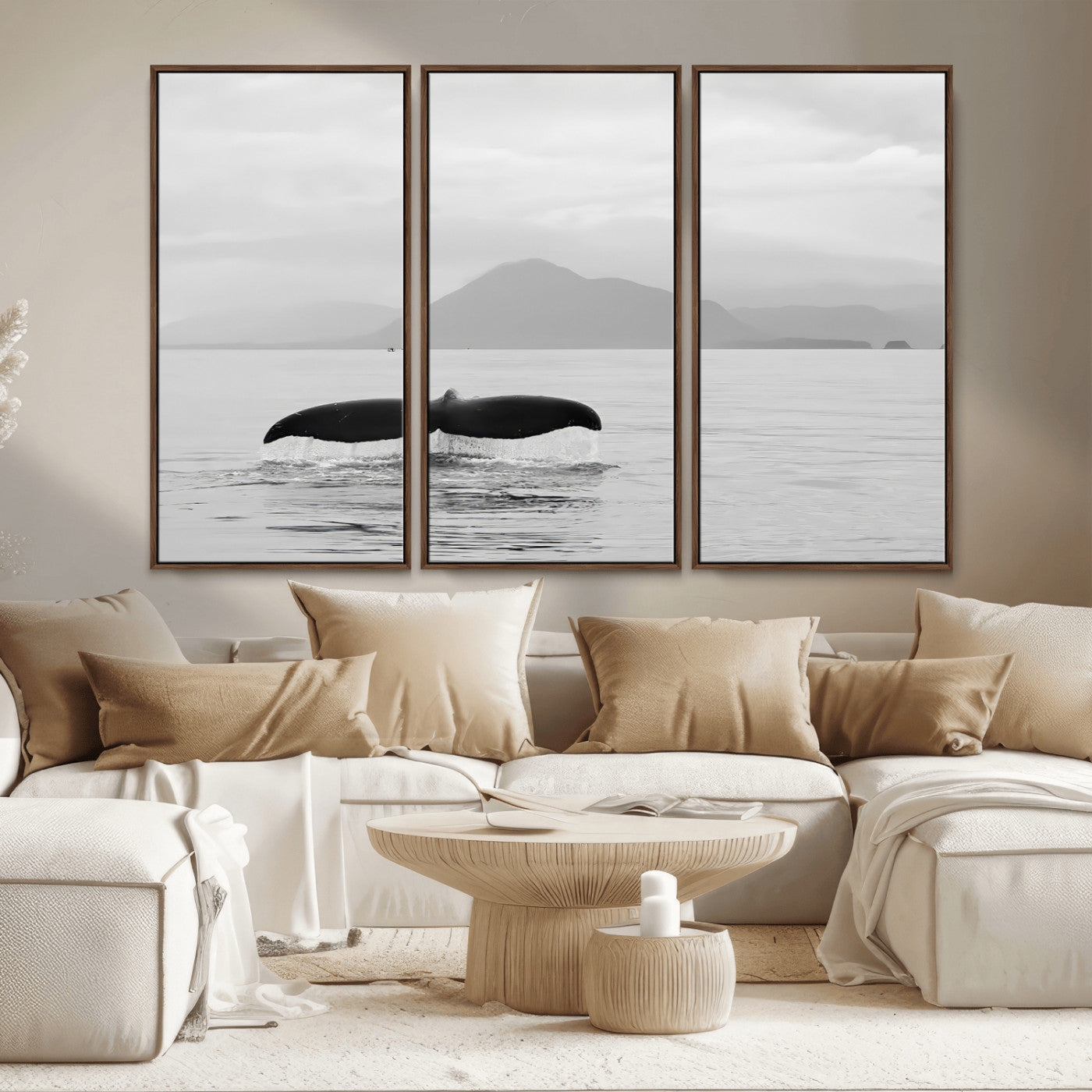 30524220-MGV-CV-36X24-Whale Tail Wall Art Canvas Print, Framed Black White Ocean Art Picture Print, Calm Marine Perfect Minimalist Coastal Decor Artwork