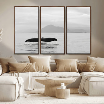 30524220-MGV-CV-36X24-Whale Tail Wall Art Canvas Print, Framed Black White Ocean Art Picture Print, Calm Marine Perfect Minimalist Coastal Decor Artwork