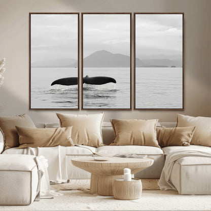 30524220-MGV-CV-36X24-Whale Tail Wall Art Canvas Print, Framed Black White Ocean Art Picture Print, Calm Marine Perfect Minimalist Coastal Decor Artwork
