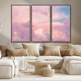 22874890-MGV-FC-48X32-3P_Walnut-Pastel Sky Wall Art Canvas Print, Framed Dreamy Cloudscape Art Picture Print, Sunset Glow Perfect Minimalist Serenity Decor