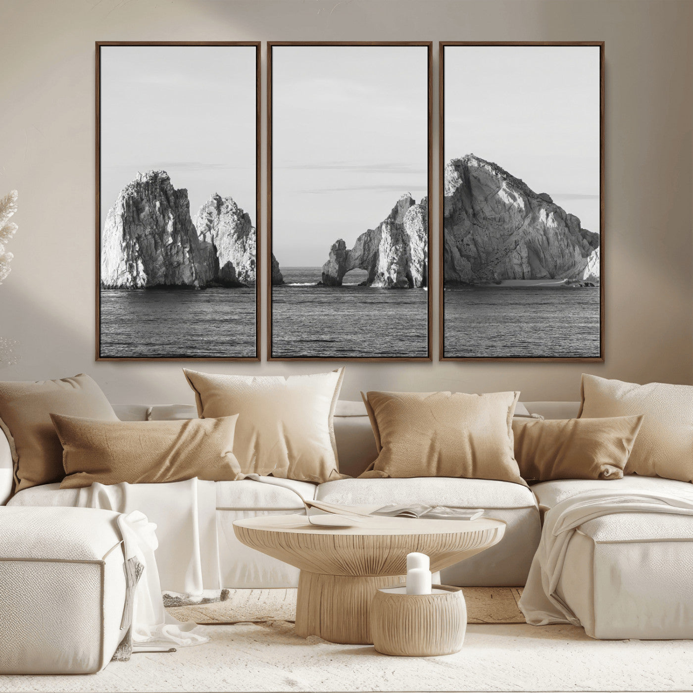 18810731-MGV-CV-36X24-Rugged Coastline Wall Art Canvas Print, Framed Ocean Cliffs Art Picture Print, Monochrome Seascape Perfect Coastal Minimalist