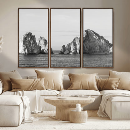 18810731-MGV-CV-36X24-Rugged Coastline Wall Art Canvas Print, Framed Ocean Cliffs Art Picture Print, Monochrome Seascape Perfect Coastal Minimalist