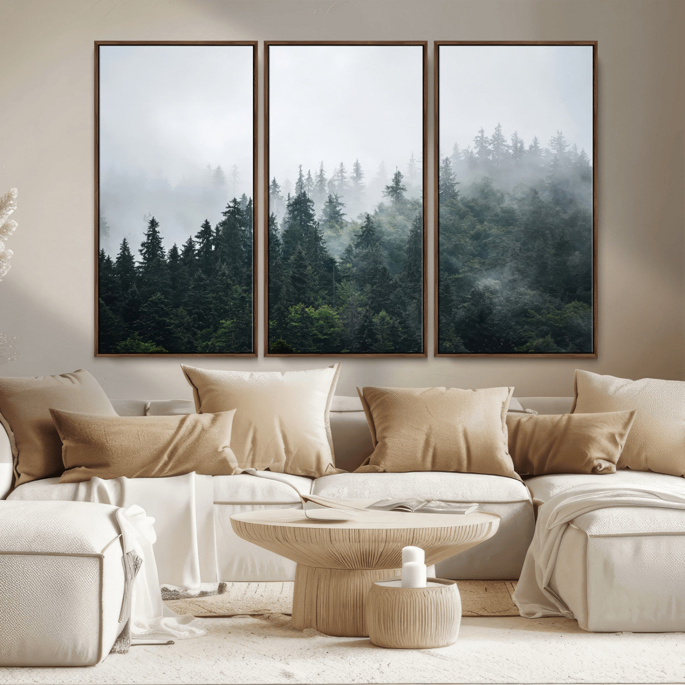 84146572-MGV-CV-36X24-Foggy Pine Trees Wall Art Canvas Print, Framed Forest Nature Art Picture Print, Evergreen Forest Perfect Scandinavian Minimalist