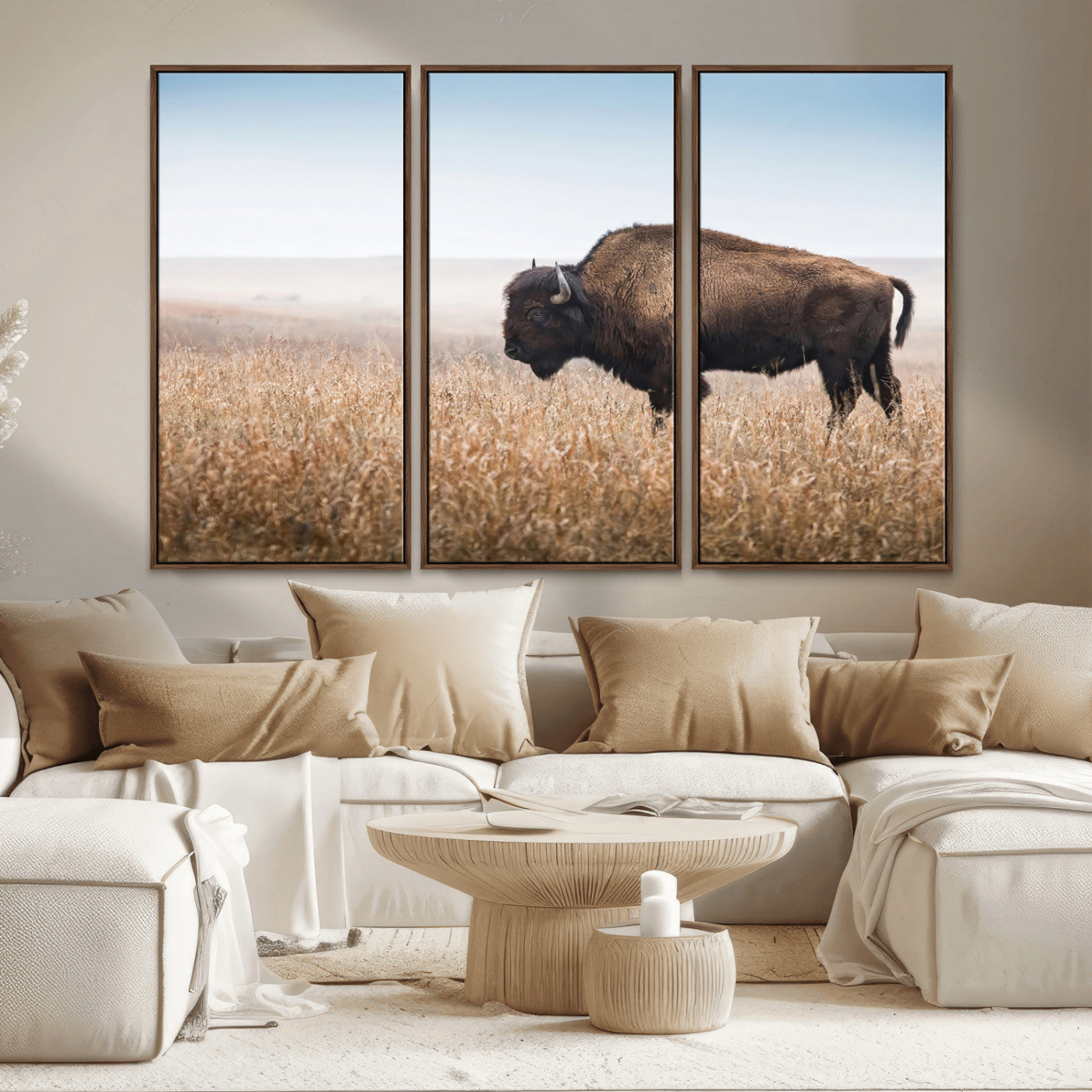 99620201-MGV-CV-36X24-Wild Bison Wall Art Canvas Print, Framed Bison in Prairie Art Picture Print, Rustic Western Perfect Rustic Western Decor Artwork