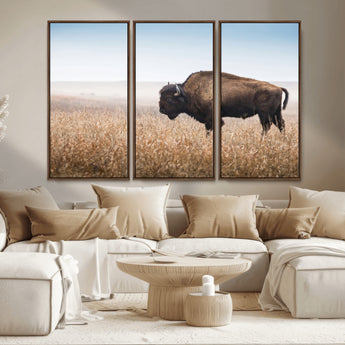 99620201-MGV-CV-36X24-Wild Bison Wall Art Canvas Print, Framed Bison in Prairie Art Picture Print, Rustic Western Perfect Rustic Western Decor Artwork