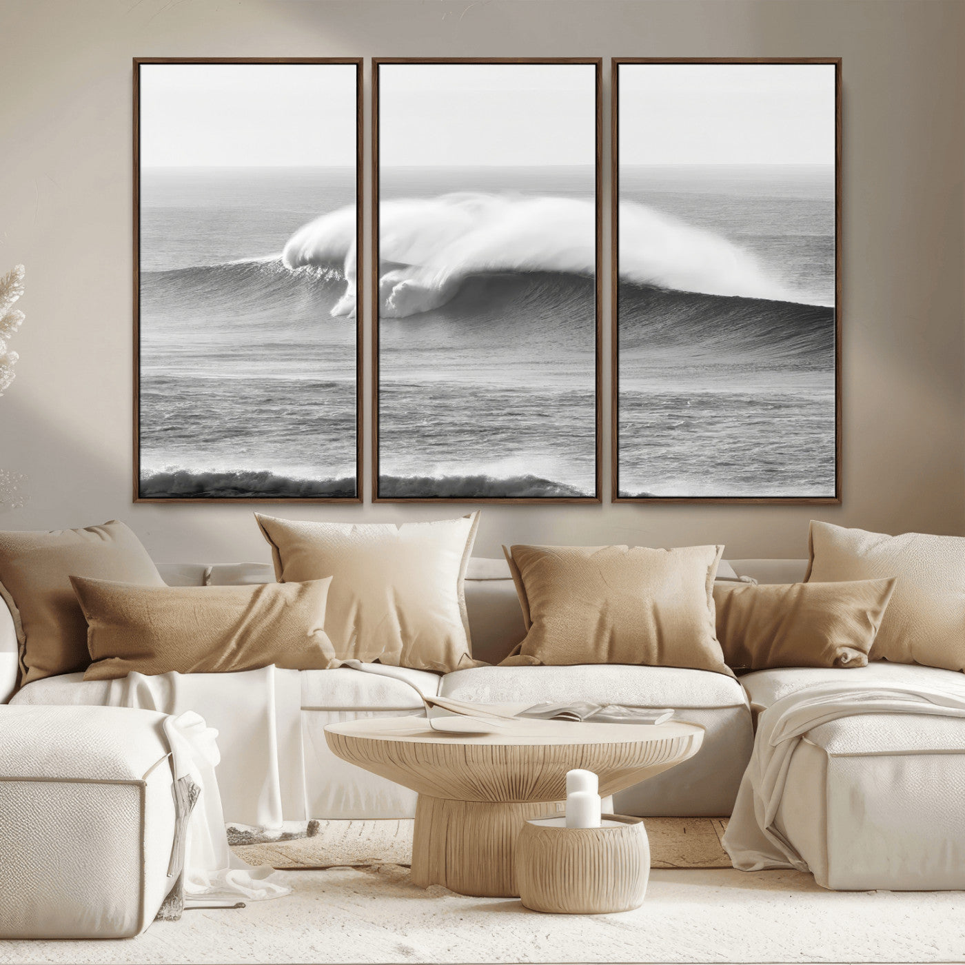 42544082-MGV-FC-48X32-3P_Walnut-Monochrome Seascape Wall Art Canvas Print, Framed Surf Wave Art Picture Print, Minimalist Ocean Perfect Moody Coastal Decor