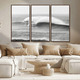 42544082-MGV-FC-48X32-3P_Walnut-Monochrome Seascape Wall Art Canvas Print, Framed Surf Wave Art Picture Print, Minimalist Ocean Perfect Moody Coastal Decor