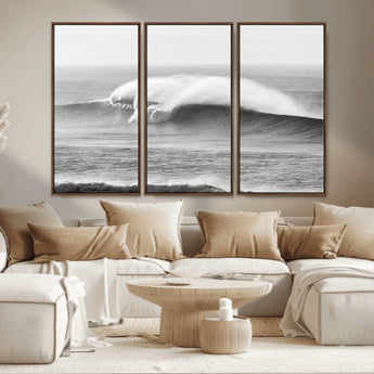 42544082-MGV-FC-48X32-3P_Walnut-Monochrome Seascape Wall Art Canvas Print, Framed Surf Wave Art Picture Print, Minimalist Ocean Perfect Moody Coastal Decor
