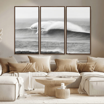 42544082-MGV-FC-48X32-3P_Walnut-Monochrome Seascape Wall Art Canvas Print, Framed Surf Wave Art Picture Print, Minimalist Ocean Perfect Moody Coastal Decor