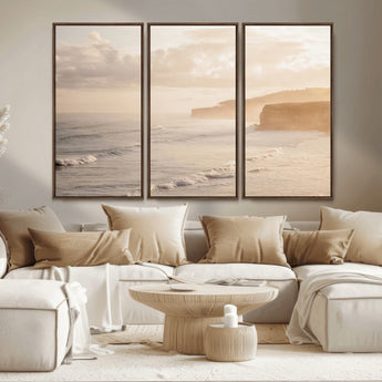 57669769-MGV-CV-36X24-Misty Coastal Wall Art Canvas Print, Framed Golden Sunset Art Picture Print, Serene Shoreline Perfect Tranquil Coastal Decor