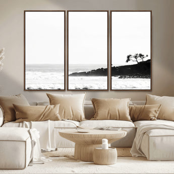 40875891-MGV-CV-36X24-SurferCliffs Wall Art Canvas Print, Framed Black White Beach Art Picture Print, Ocean Waves Perfect Minimalist Coastal Decor