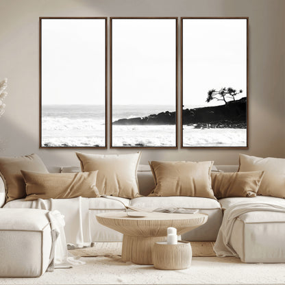 40875891-MGV-CV-36X24-SurferCliffs Wall Art Canvas Print, Framed Black White Beach Art Picture Print, Ocean Waves Perfect Minimalist Coastal Decor